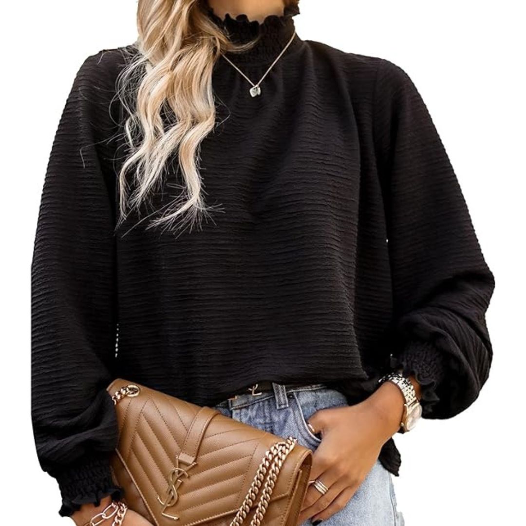 Uziyah | Strukturierte Bluse mit Stehkragen und Rüschen