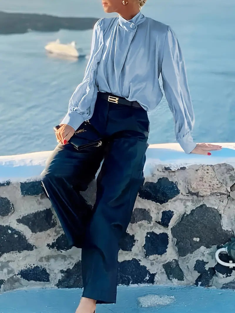 Bluo | Winter-Langarmbluse – Elegantes Satin-Design mit Stehkragen & Ballonärmeln