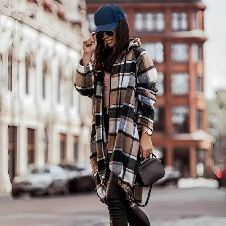 Rozanne - Lange Wolljacke mit Karomuster