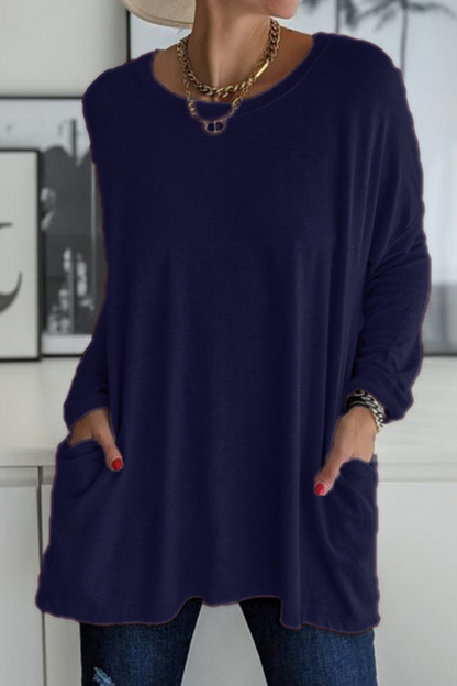 runde hals lange ärmel lose tasche t-shirt