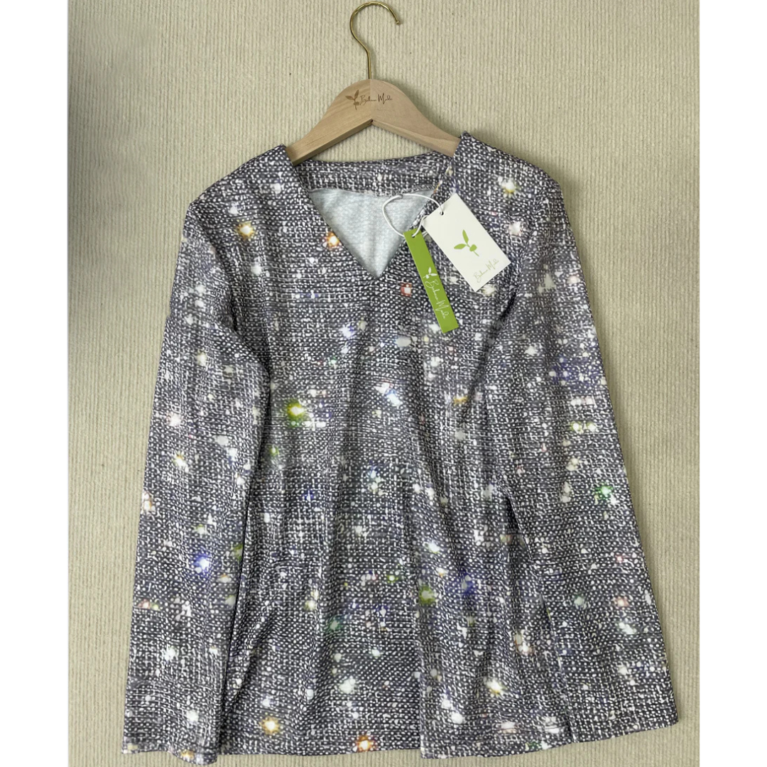 Salbina | Damen Metallische Disco Flitter Druck Oberteil | V-Ausschnitt