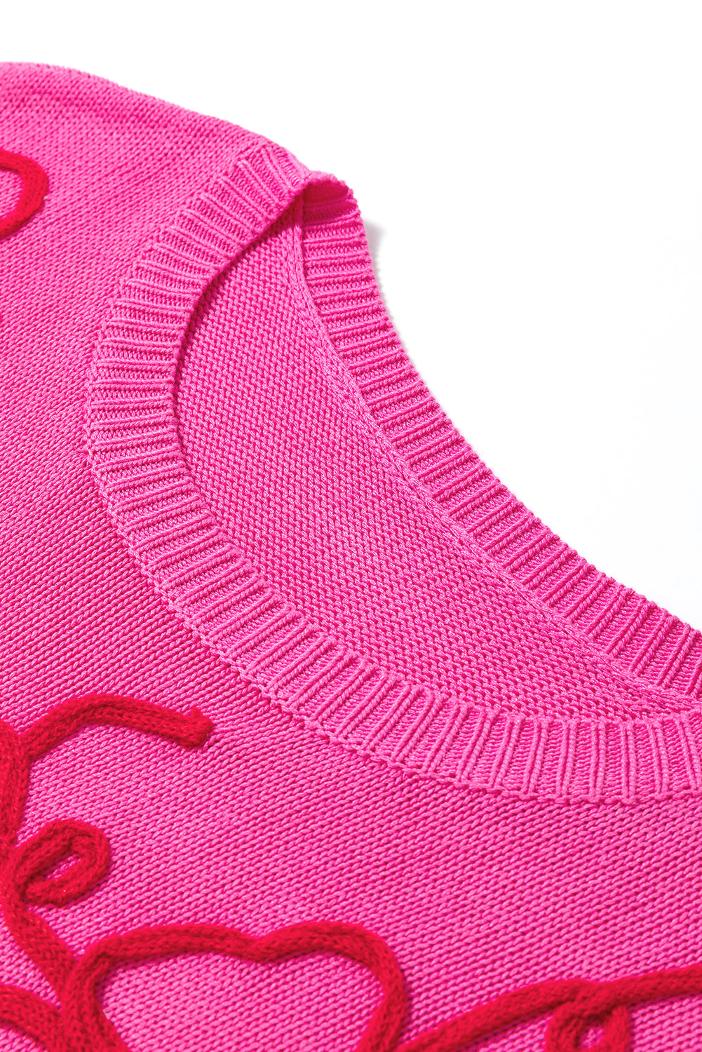 Rosa Blumenstickerei Kurzarm-Strickoberteil