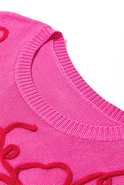 Rosa Blumenstickerei Kurzarm-Strickoberteil