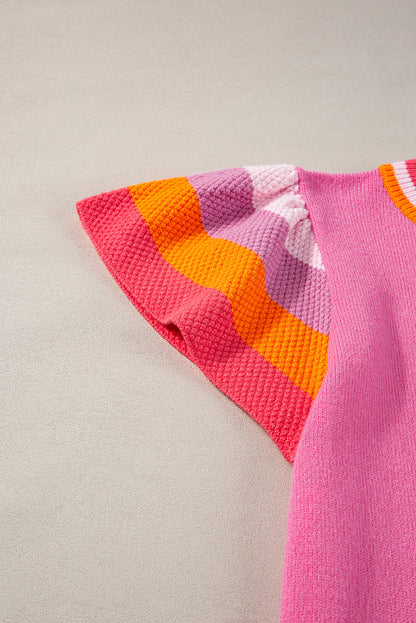 Rosa Kontrast Flatterärmel Gestrickt Pullover T Shirt