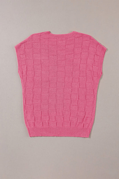 Rosafarbener Strickpullover Mit Kurzen Ärmeln Und Gitterstruktur