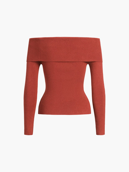 Heidi-Mode | Schulterfreies Overfold Langarm-Strick-Top