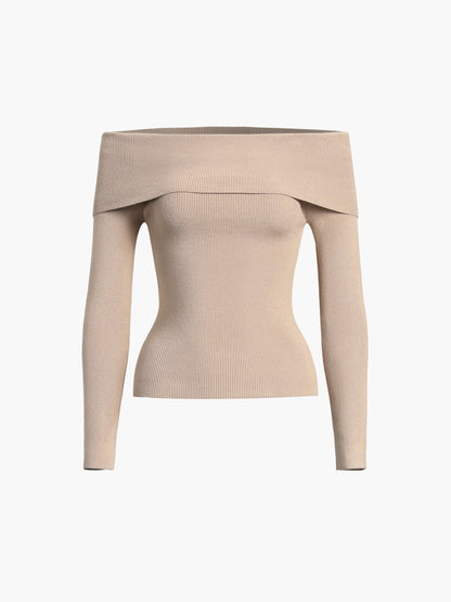 Heidi-Mode | Schulterfreies Overfold Langarm-Strick-Top