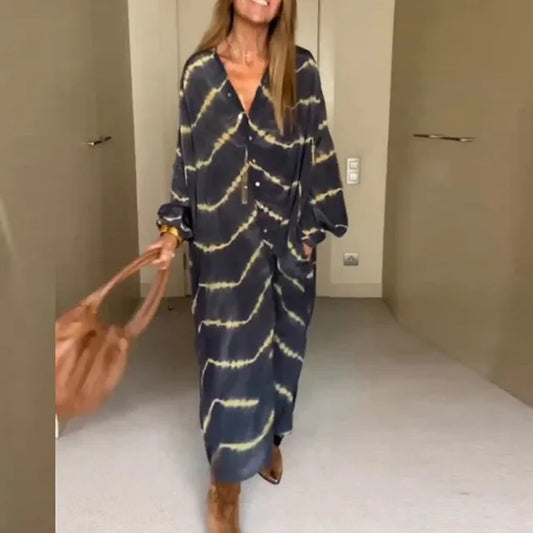 Bettina - Boho-Streifen-Langarmkleid