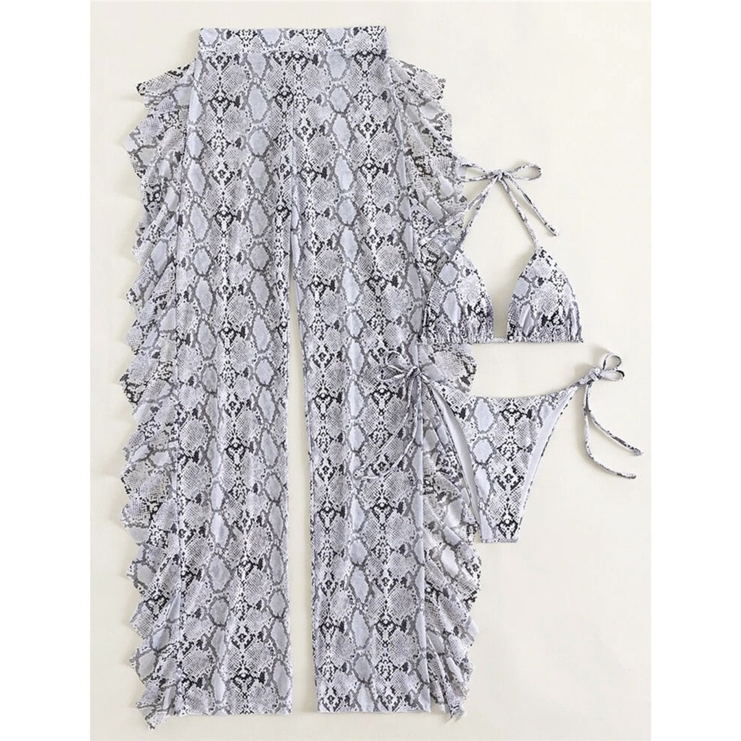 Heidi-Mode | Schlangenprint Rüsch Bikini Satz & Strandhose