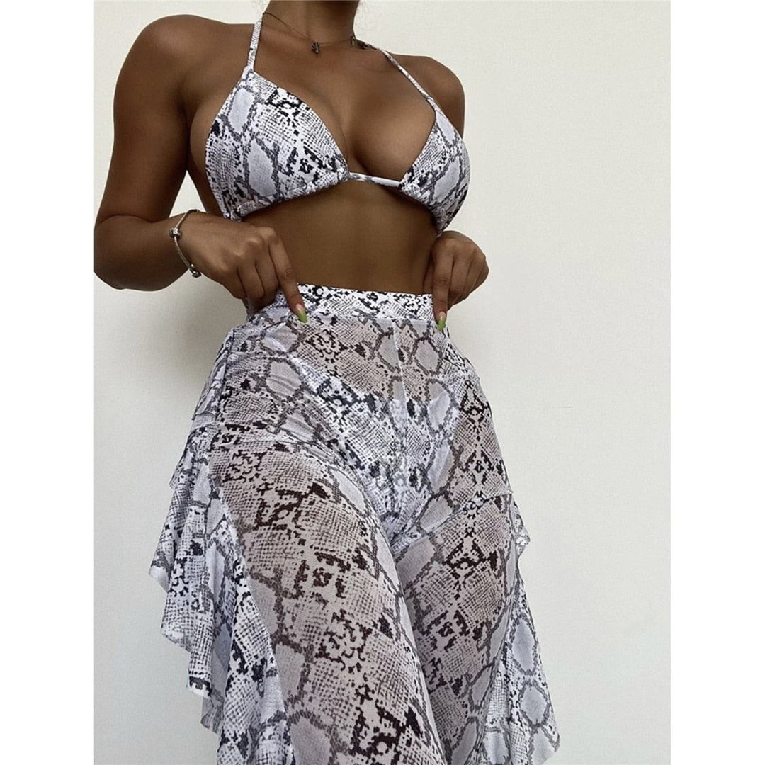 Heidi-Mode | Schlangenprint Rüsch Bikini Satz & Strandhose