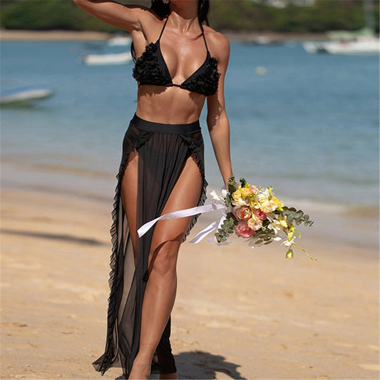 Heidi-Mode | Schwarzes Bikini und Langer Netzrock Satz