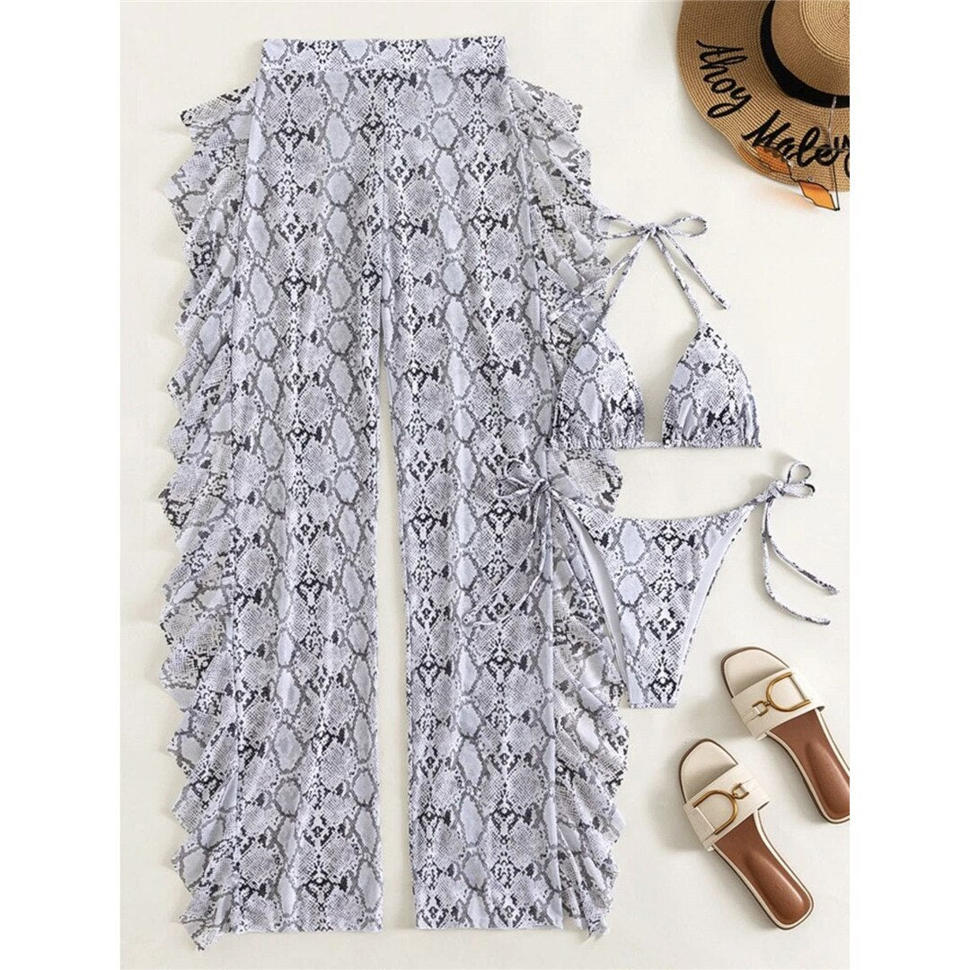 Heidi-Mode | Schlangenprint Rüsch Bikini Satz & Strandhose
