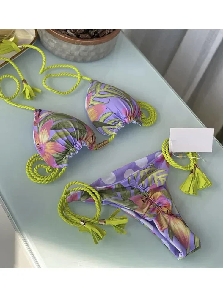 Heidi-Mode | Sexy Badeanzug Frauen Dreieck Bikinis Set Thong Bandage Bademode Einfarbig Badeanzug Zweiteilig Schnür-Bademode Strandbekleidung