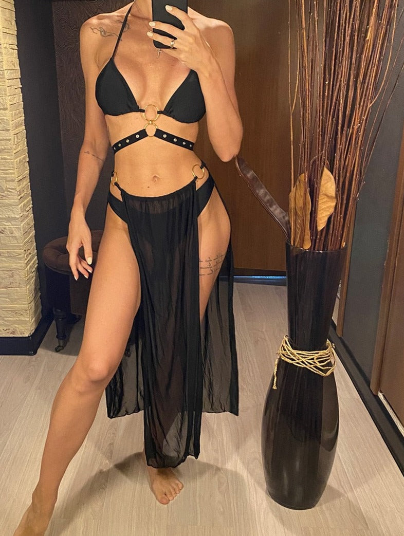 Heidi-Mode | Schwarzes Halter Bikini Satz & Mesh Hohe Schlitz Lange Rock