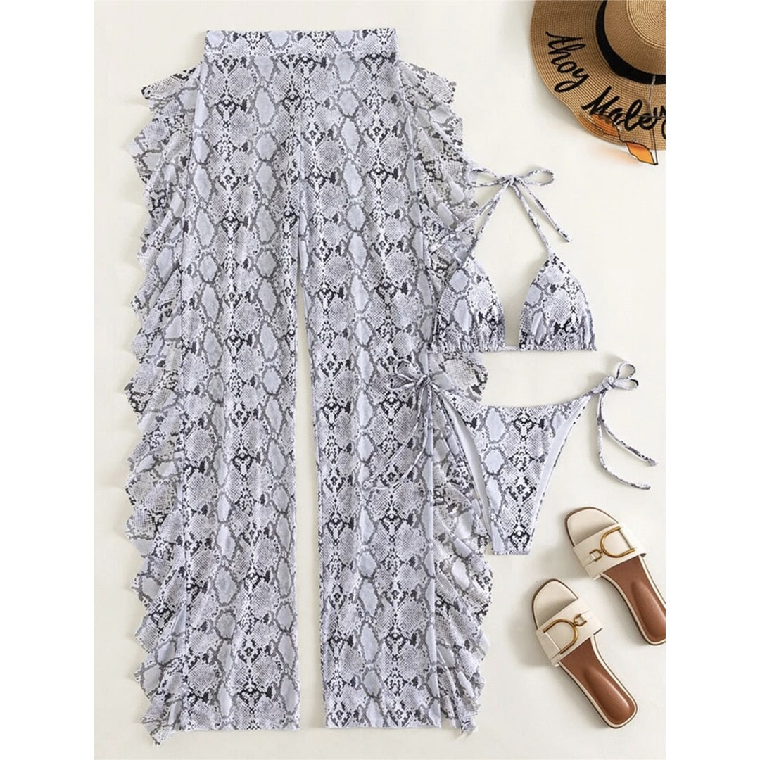 Heidi-Mode | Schlangenprint Rüsch Bikini Satz & Strandhose