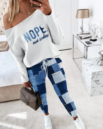 Natalie – set aus oberteil und hose mit aufdruck „not today“.