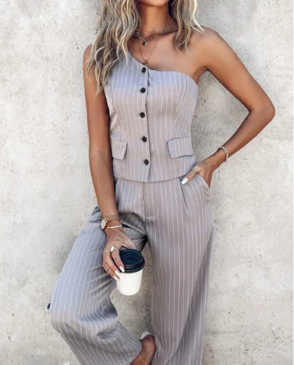 Heidi-Mode | Set aus Gestreiftem, Geknöpftem Oberteil und Hose mit Geradem Bein