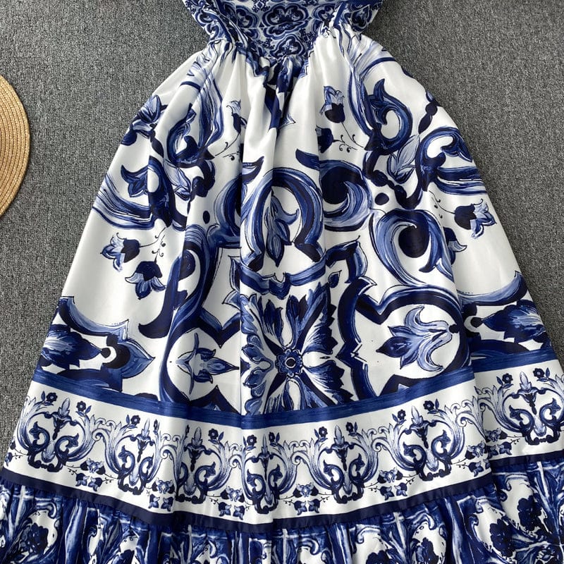 ABBIE - Blaues Florales Print Vintage Langes Kleid