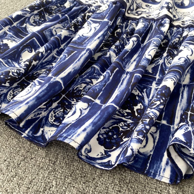 ABBIE - Blaues Florales Print Vintage Langes Kleid