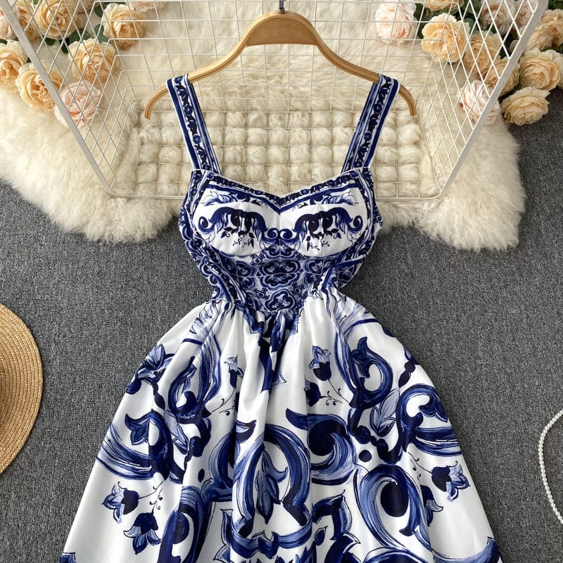 ABBIE - Blaues Florales Print Vintage Langes Kleid