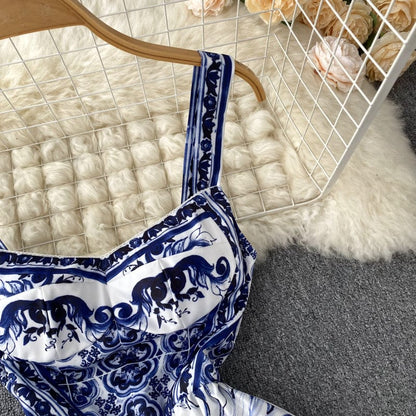 ABBIE - Blaues Florales Print Vintage Langes Kleid