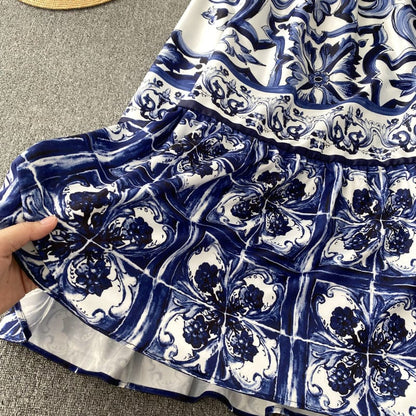 ABBIE - Blaues Florales Print Vintage Langes Kleid