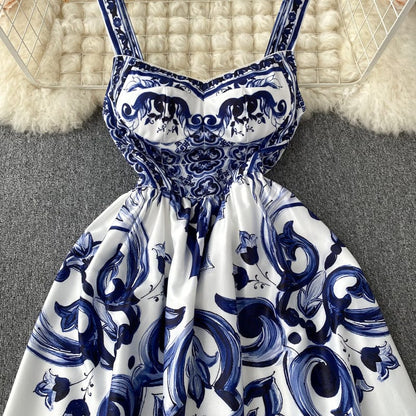 ABBIE - Blaues Florales Print Vintage Langes Kleid