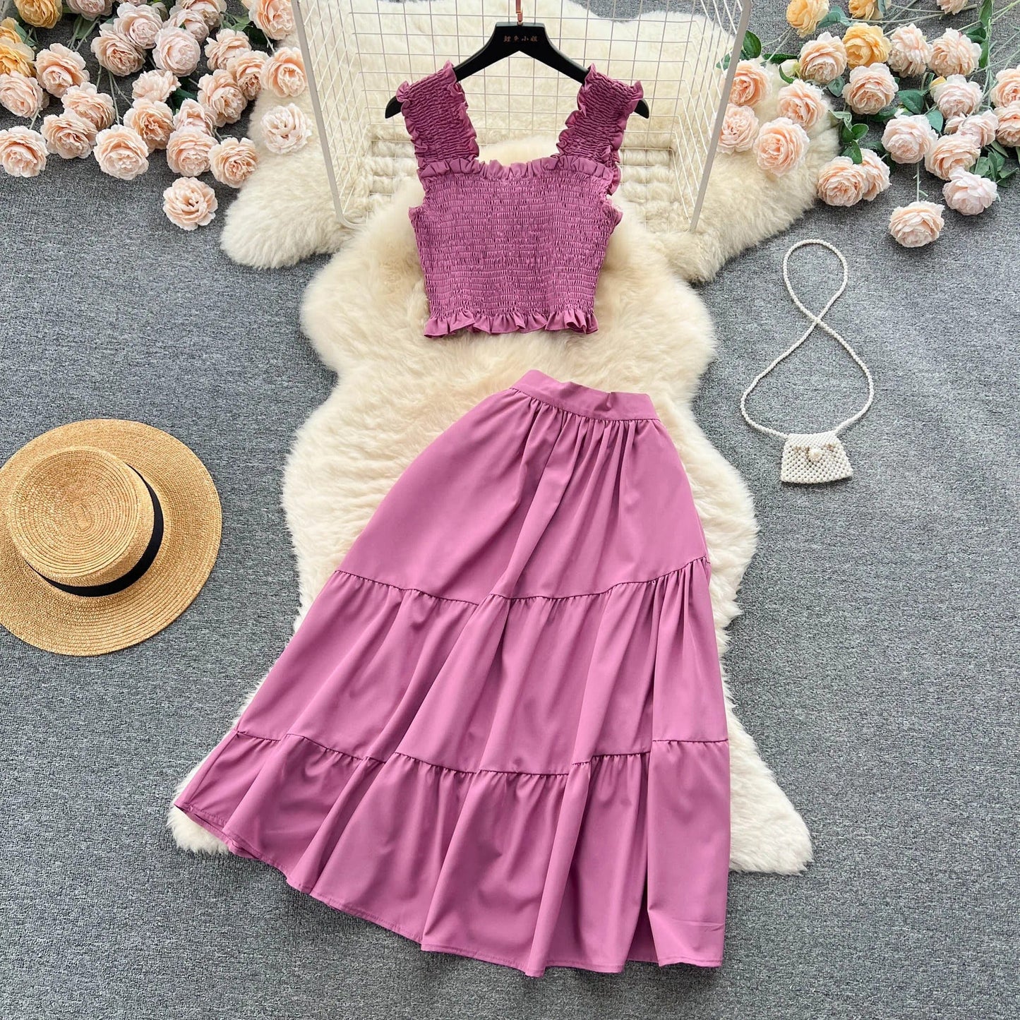 ABEGAIL - Ärmelloses plissiertes Trägertop und Rock-Set