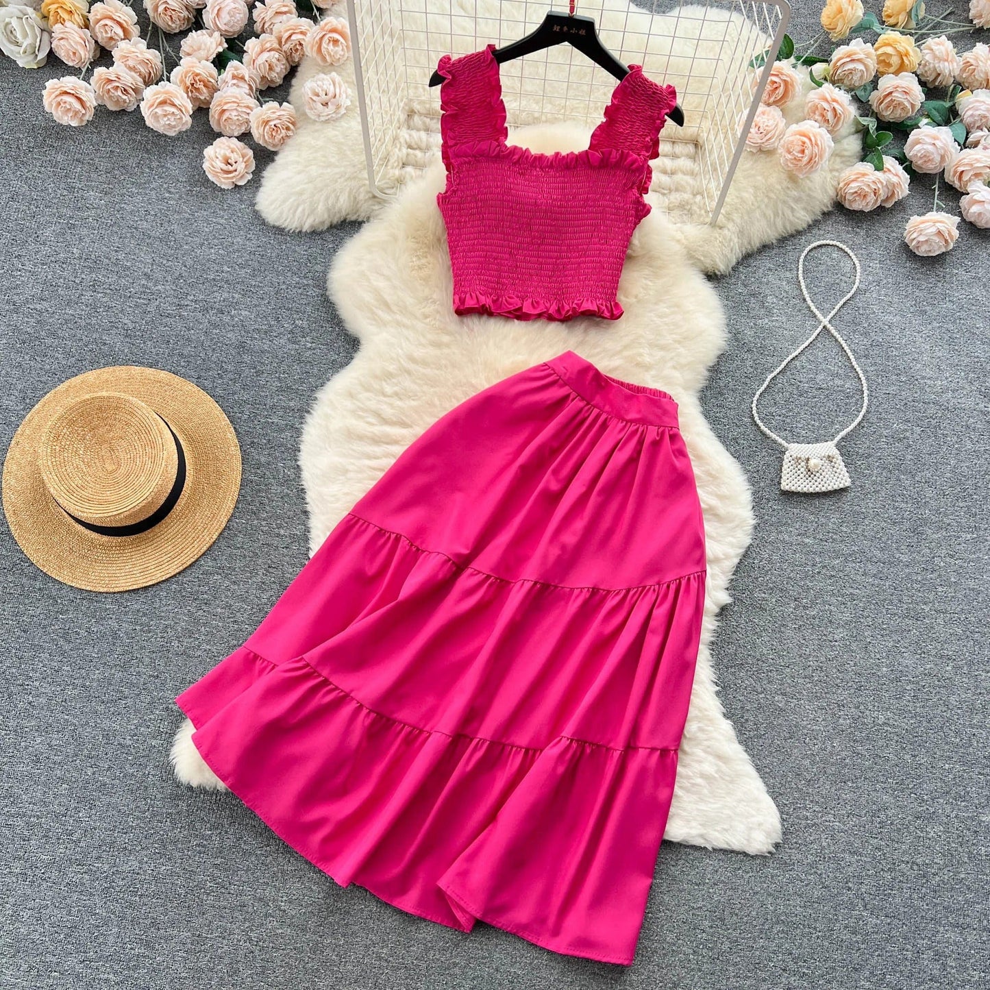 ABEGAIL - Ärmelloses plissiertes Trägertop und Rock-Set