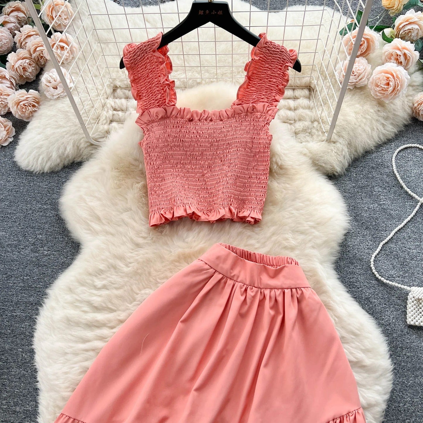 ABEGAIL - Ärmelloses plissiertes Trägertop und Rock-Set