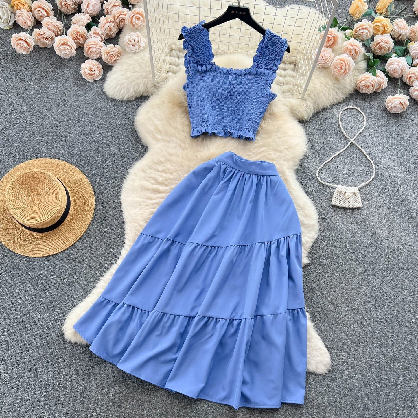 ABEGAIL - Ärmelloses plissiertes Trägertop und Rock-Set