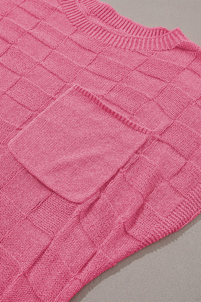 Rosafarbener Strickpullover Mit Kurzen Ärmeln Und Gitterstruktur