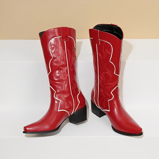 Alva - PU-Stiefel mit mittlerem Absatz und eleganter Stickerei
