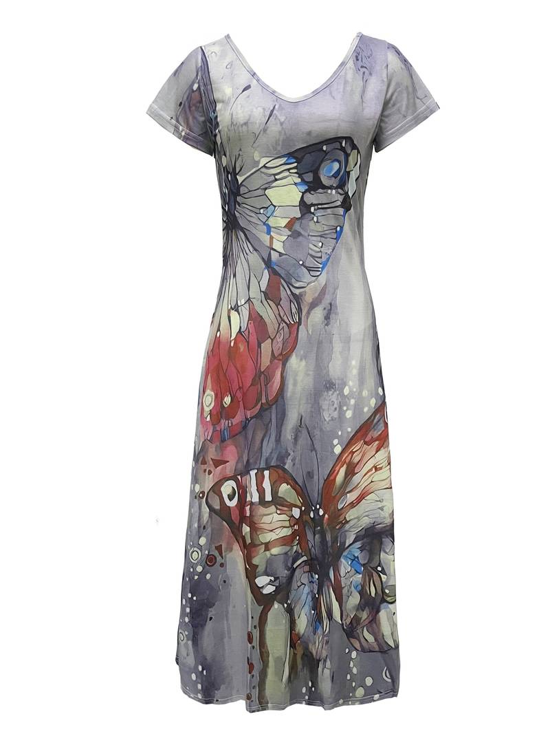 Grace – kleid mit v-ausschnitt und schmetterlingsdruck für frühling und sommer