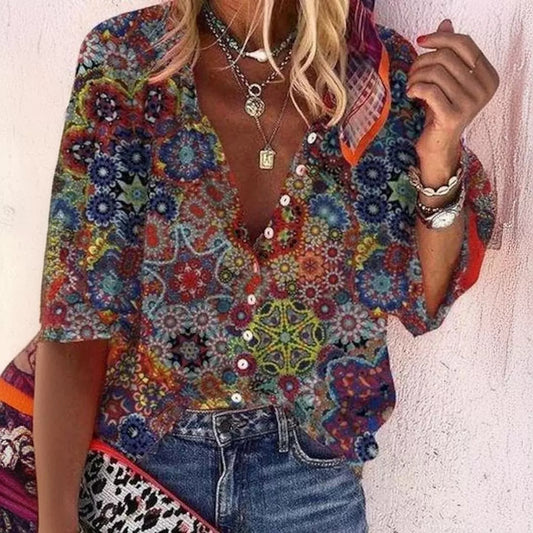 Sabrina - Mehrfarbige abstrakte Bluse mit Knopfleiste